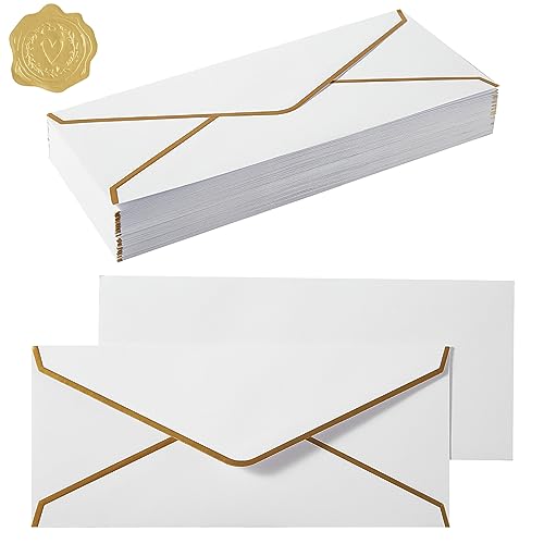 100 Pack #10 Business Envelopes with Gold Stickers, White | Self Seal Standard Envelopes with Gold Border, 4 1/8 x 9 1/2 Inches, For Office, Checks, Letter Mailing, Invoices - color: White