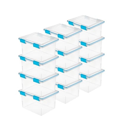 Sterilite Gasket Storage Box with Lids for Home & Office, 32 Quart, 12-Pack | Heavy-Duty, Stackable, and Organizing Containers for Bathroom, Cabinet, Closet, and Garage, Clear and Blue Aquarium Latches - size: 32 Quart, style: 12 Pack