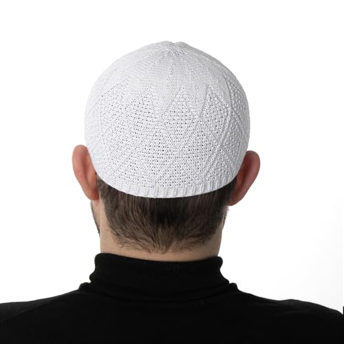 Modefa Men's Islamic Turkish Diamond Pattern Knitted Kufi Hats for Men - Islamic Muslim Headwear for Men - Prayer Cap Takke - color: White