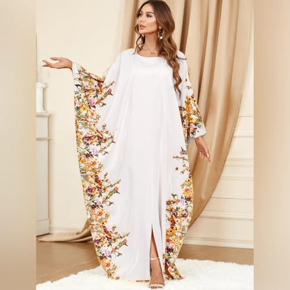 ODIZLI Ramadan Abaya for Women Muslim Batwing Sleeve Floral Print Prayer Dress Dubai Turkey Kaftan - color: White