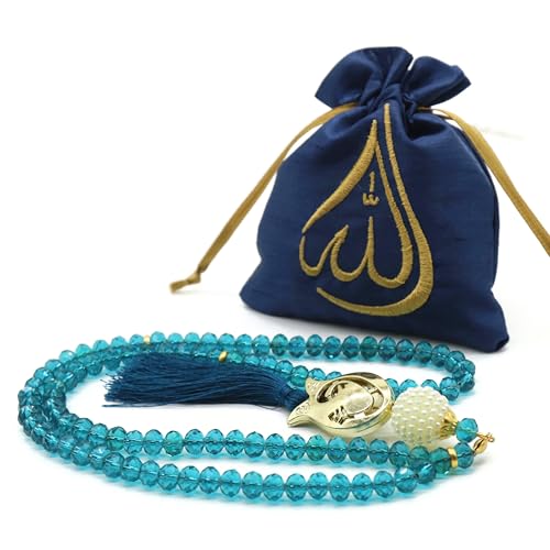 Muslim Tasbih 99 Rosary Beads with Pouch - Islamic Prayer Beads, Muslim Rosary Beads, Zikr Beads, Tasbeeh, Misbaha, Masbaha, Tespih, Bead Necklace for Women TS0205 - color: Navy Blue