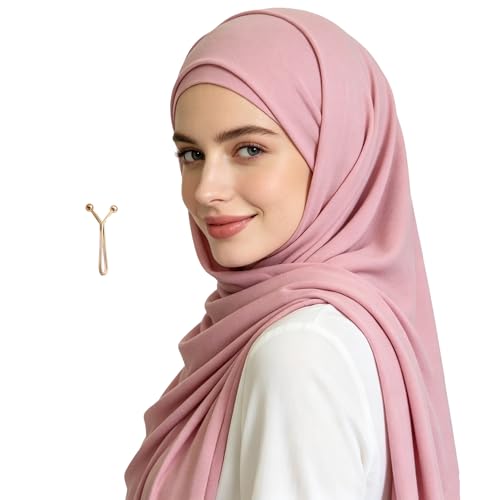 Jersey Hijab Scarf for Women,Lightweight Muslim Turban Head Scarf Modal Feel Hijab Coverings for Prayer with Clip - color: Dark Pink