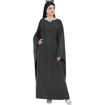 Muslim Abaya Dress 1Piece Bat Sleeve Kaftan Robe Women Islamic Maxi Dress Rhinestone Jilbab Eid Shiny Abaya(No scarf) - color: Black I