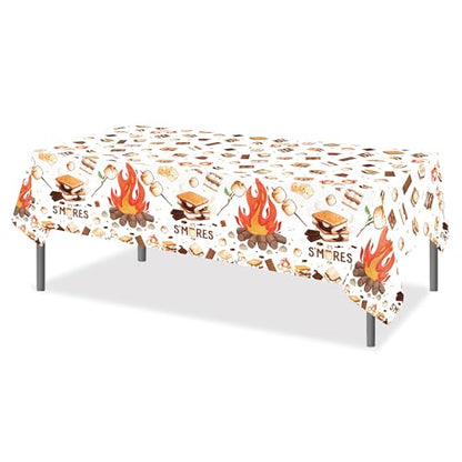 1Pc Camping Party Plastic Tablecloth 54 x 87 Inch Long Table Cover, Marshmallow Sandwich Party Tablecover for Bonfire Camp Theme Kids Baby Shower Birthday Dinner Picnic Kitchen Event - color: Camping