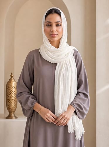 Cotton Linen Plain Hijab Scarf For Women,Muslim Viscose Crinkle Edge With Fringe,Summer Beach Wrap Headwraps Shawl - color: 29#white