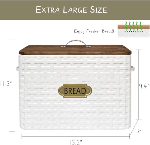 EMAX HOME Extra Large Space Saving Farmhouse Bread Box With Wood Lid - Vertical Breadbox Bread Storage Bin Holder for Kitchen Countertop, White - color: Weaving embossing