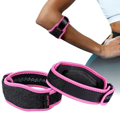 AGPTEK Elbow Brace for Tendonitis and Tennis 2 Pack, Tennis Golfers Elbow Support Arm Band Wrap Weightlifting Elbow Strap with Compression Pad for Men & Women (Pink) - color: Pink