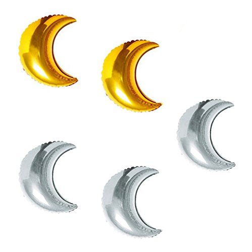 Zaffron Crescent Moon Shaped Mylar Foil Balloons (17 inches, 5 Pack, Silver and Gold Mix) - color: Silver and Gold Mix, size: 17 Inch, 5 pack