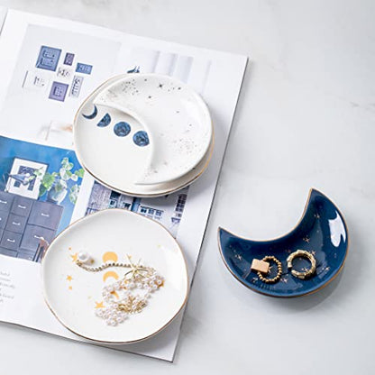 Ceramic Moon Jewelry Dish Tray Ring Holder, Small Decorative Trinket Dish for Rings Earrings Necklaces, Present for Wife and Mom, 4.5 Inch