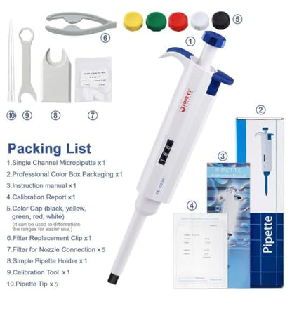 FOUR E'S SCIENTIFIC 0.1-1mL Pipette, Single-Channel Adjustable Pipettor | 1000μL Manual Micropipette, Clear Volume Display, Lightweight Ergonomic Design - size: 07 (100-1000ul)