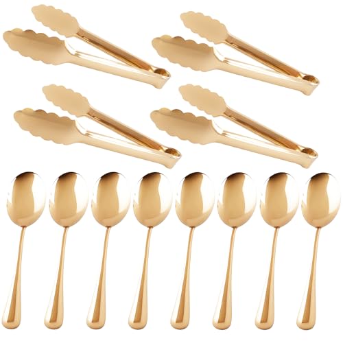 12PCS Gold Serving Utensils Set,Includes 8 large serving spoons,4 serving tongs - color: Gold