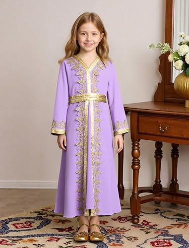 Muslim Dress for Kids Girls Abaya Middle East Ramadan Long Sleeve Lace Prayer Dress Arabic Kaftan with Belt - color: Light Purple, size: 5-6 Years