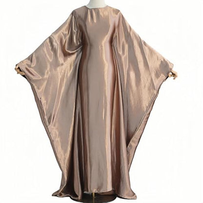 Abaya Muslim Women Dress Satin Batwing Sleeve Kaftan Maxi Arabian Dubai Islamic Ramadan Prayer Dress with Hijab Scarf - color: Brown