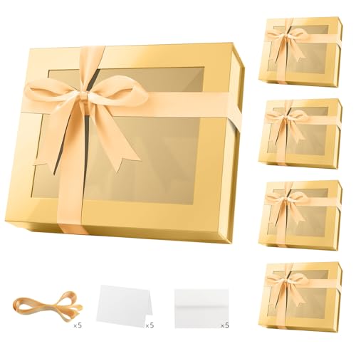 PACKQUEEN 5 Extra Large Magnetic Gold Gift Boxes with Window 16.3x14.2x5 In - color: Gold-16.3x14.2x5 Inches-Pack of 5