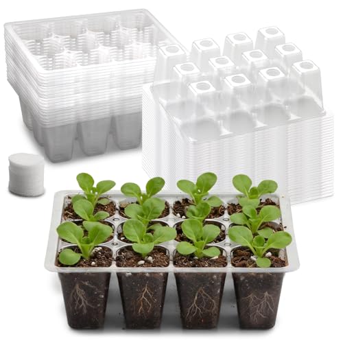 RooTrimmer 60 Pack Reusable 12-Cell Clear Seed Starter Trays - Extra Large Drainage Holes, Easy to Repotted, Clear Transparent Tray for Root Observation, Seed Starting, Fits Standard 1020 Trays - color: Clear, size: 12 Cells-60P