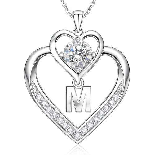 RIVIKO 1 Carat Moissanite Heart Initial Necklace for Women,Letter Pendant - color: Letter M