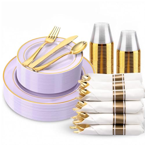 WDF Partyware 175PCS Purple Plates Disposable - Lavender Plastic Plates 25Guests Plastic Dinnerware with Rolled Napkins for Birthday/Baby Shower/Birthday - color: Purple, size: 175PCS