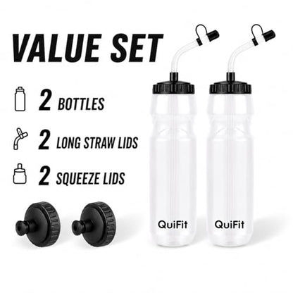 QuiFit Lacrosse Water Bottle with Long Straw - 32oz Hockey Water Bottle 2 Pack with 2 Lids Each- BPA Free Squeeze Sports Water Bottles, Leakproof Dishwasher Safe- for Helmet,Lacrosse (Clear) - color: Clear