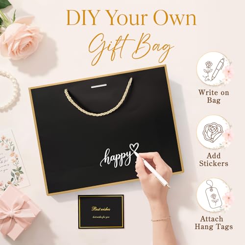 ANZNKU 2PCS Black Medium Gift Bags with Handles 4 Tissue Paper 2 Ribbons 2 Cards, Gift Wrap Bags Set for Women & Men Birthday Graduation Wedding Engagement Bridal & Baby Shower Presents Party Favors - color: Luxury Black