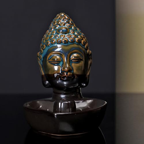 Buddha Head Incense Holder for Sticks, Small Ceramic Incense Burner Healing, Meditaiong, Zen, Timer of Spa or Yoga, with Ash Catcher (Blue) - color: Blue