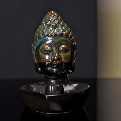 Buddha Head Incense Holder for Sticks, Small Ceramic Incense Burner Healing, Meditaiong, Zen, Timer of Spa or Yoga, with Ash Catcher (Blue) - color: Blue