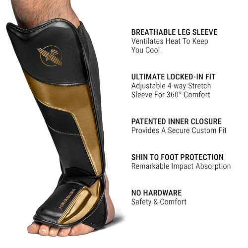Hayabusa T3 Full-Back Shin Guards - color: Black/Gold, size: Medium