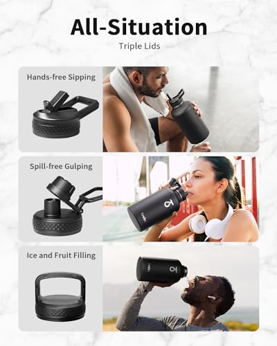 Trebo 64oz Water Bottle,Large Stainless Steel Water Jug with 3 Lids, Triple Wall Vacuum Sports Thermo bottle Keep Hot 24 Hours & Cold 48 Hours,Wide Mouth Flask,Black - color: Black, size: 64 Ounces