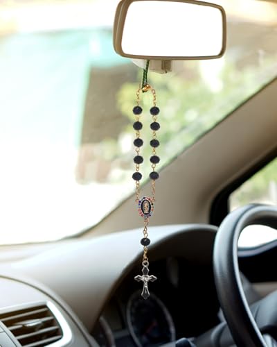 Rimvoe Car Rosary for Rearview Mirror Hanging - Catholic Religious Devout Gift with Virgin Mary Charm and Crucifix, Ideal Catholic Rosary Gifts for Men & Women (Black)