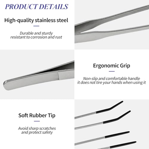 2PCS Reptile Feeding Tongs,10.6" Extra Long Stainless Steel Tweezers with Rubber Tips, Bearded Dragon Lizards Aquarium Straight and Curved Long Tweezers for Snake Feeding, Terrarium, Aquarium(Silver) - color: Silver