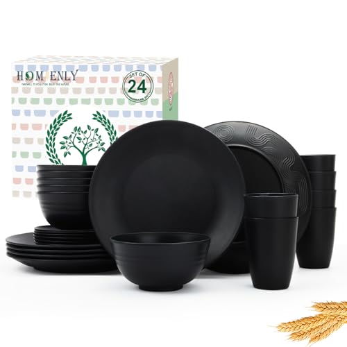 Homienly 24-Piece Wheat Straw Dinnerware Sets,Service for 6 - Cups, Plates and Bowls Sets,Reusable Dishwasher and Microwave Safe Melamine Dinnerware Set for Home,Camping,RVs - Black - color: Black, size: 24 PCS