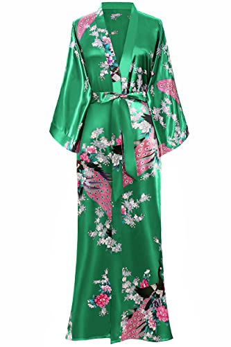 BABEYOND Women's Kimono Robe Long Satin Robes with Peacock and Blossoms Printed Kimono Nightgown - color: Green, size: One Size Plus