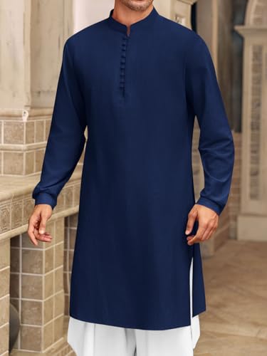 Runcati Mens Kaftan Thobe Button Down Henley Shirts Robe Long Sleeve Casual Cotton Linen Muslim Gown Shirt - color: Navy, size: Medium