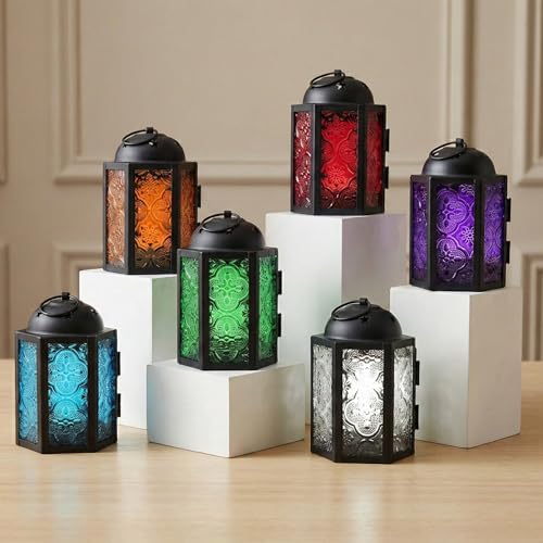 VELA LANTERNS Mini Moroccan Tea Light Candle Holder Lanterns – 4.25" Small Decorative Lantern for Table or Hanging, Metal with Glass Panels – Ramadan, Wedding, Home Decor, Assorted (Set of 6) - color: Assorted Colors