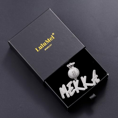 Lulu Mel Iced Out Personalized Cursive Name Necklace For Trendy Women, Custom Handmade Nameplate Pendant With Cuban Link Chain, White Gold Plated Hip Hop CZ Diamond Jewelry Gifts - color: Silver/Money Bag Bail