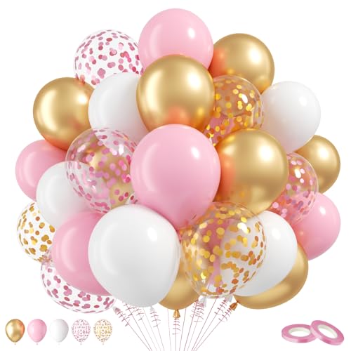 Balloons Pink Gold Confetti, 60 Packs 12 Inch Pink White Metallic Gold Balloon for Girls Birthday Wedding Bridal Baby Shower Princess Party Decorations - color: Pink Gold