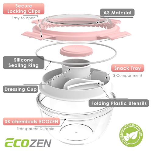 WHALEHOUSE 2-Pack 33 OZ Clear Eco-friendly SK chemicals ECOZEN Salad Container Sets, Portable Plastic Salad Bowls with Lid, Leak-Proof Dressing Container, Bento Lunch Box for Meal Prep & Food Storage - color: Pink+Blue