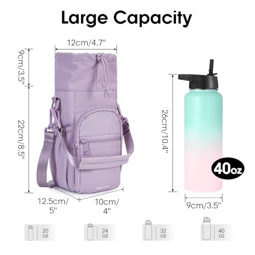 sportsnew 40oz Insulated Crossbody Water Bottle Bag Gym Hiking Phone Pocket | Water-resistant Lining, Padded Strap, Top Handle, Drawstring, Phone Pocket, Elastic Slots, Built-In Key Clip for Gym Walking - color: Purple