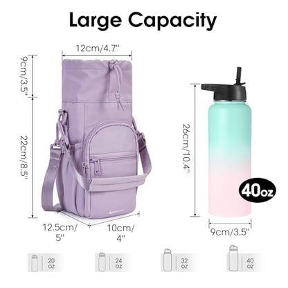 sportsnew 40oz Insulated Crossbody Water Bottle Bag Gym Hiking Phone Pocket | Water-resistant Lining, Padded Strap, Top Handle, Drawstring, Phone Pocket, Elastic Slots, Built-In Key Clip for Gym Walking - color: Purple
