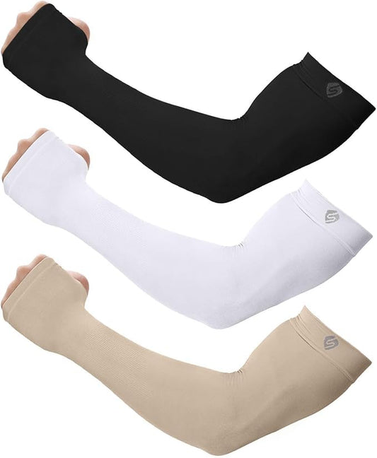 Arm Sleeves for Men Women UV Sun Protection Compression Arm Warmer Tattoo Cover Up, Sports Golf Cooling Sleeves - color: 3 Pairs_black+white+beige