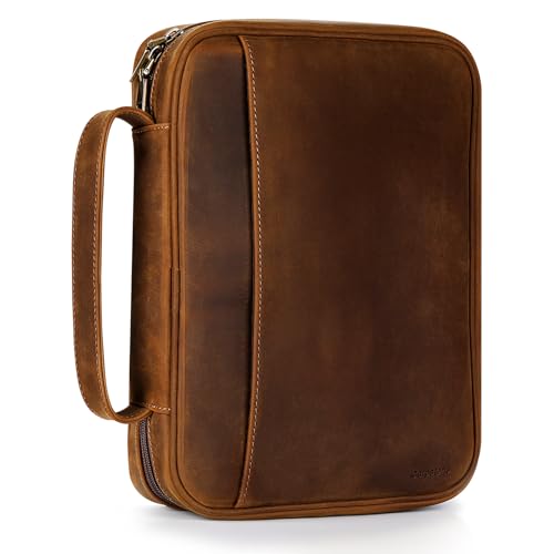 Genuine Leather Bible Cover Cowhide Bible Case for Men Women Church Bag Protective Book Holder with Double Zippers Full Grain Leather Portfolio Organizer Bible Carrying Case with Handle