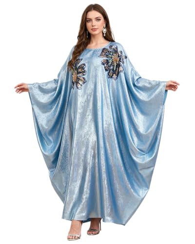 Qianliniuinc Women Muslim Maxi Dress Abaya - Lady Long Sleeve Maxi Dress Dubai Gown Jalabiya One Size - color: Blue B