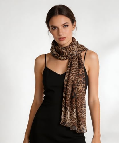 Leopard Print Long Scarf for Women – Lightweight Chiffon Cheetah Shawl Neck Scarf Soft Animal Print Scarves Headscarf Wrap for Spring Summer Beach Travel