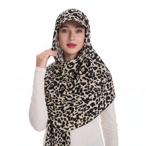ZLYC Women Muslim Hijab Scarf with Visor Built-in Undercap Sun Protection Headwrap - color: Leopard Print