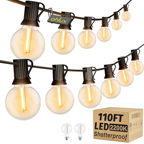 OHLUX Outdoor String Lights,110FT Dimmable Patio Lights with 52 Shatterproof 2200K LED G40 Bulbs(2 Spare),Waterproof Hanging Lights String for Outside Backyard Cafe Porch Deck Porch - size: 110FT