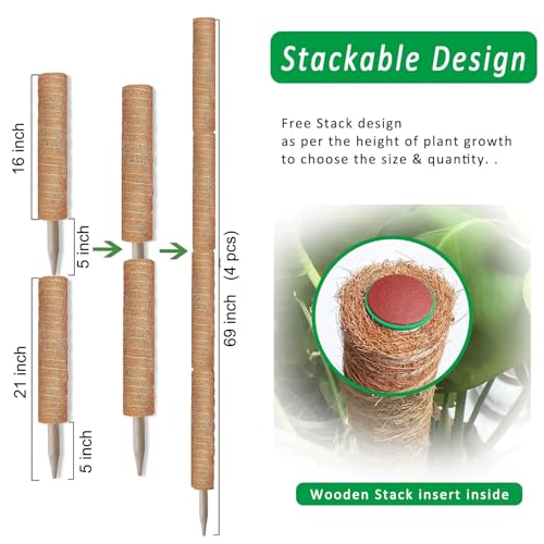 Moss Pole, 4Pack 21 Inch Plant Support Stakes for Indoor Plants, Monstera Plant Support Stakes, 69 Inch Tall Coir Plant Pole Sticks for Potted Plants, Pothos, Philodendron, Climbing Plants Accessories - size: 4pcs x 21 Inches