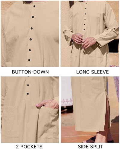YAOHUOLE Kaftan for Men Long Sleeve Muslim Men Thobe Kaftan Thobe with Pockets - color: Khaki, size: XX-Large