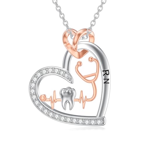 Graduation Gifts for Women 925 Sterling Silver Compass/Graduation/Vet/Cross/Stethoscope Necklace for Women - color: Stethoscope-Dentist