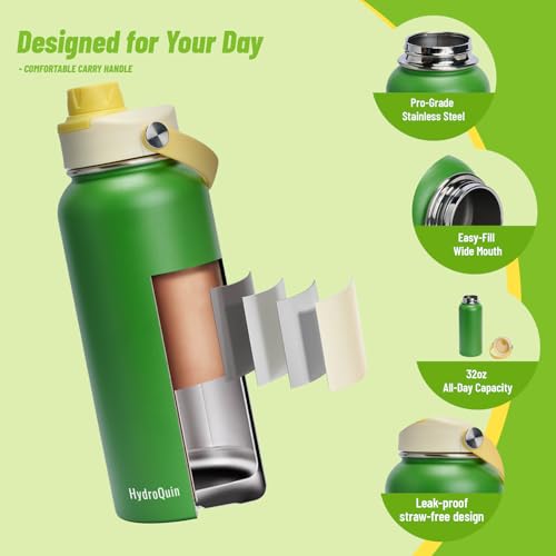 32 oz Insulated Water Bottle Grass Green Stainless Steel Flask | Keep Cold 24 Hours Hot 12 Hours - Leakproof Twist Spout Lid & Flex Handle - No Straw Metal Water Bottle for Sports & Trail - color: Sunshine Sprout
