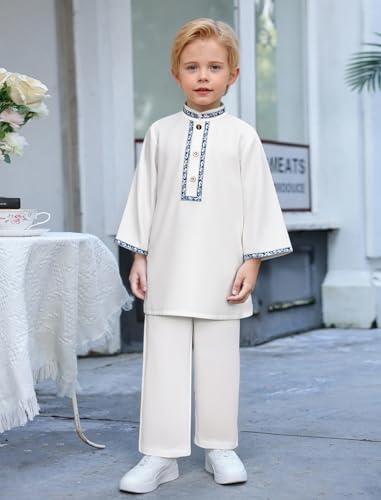 IBTOM CASTLE Muslim Baby Boys Clothes Toddler Kids Abaya Kaftan Islamic Robe Pants Head Scarf Ramadan Eid Prayer Outfit - color: White, size: 2-3T