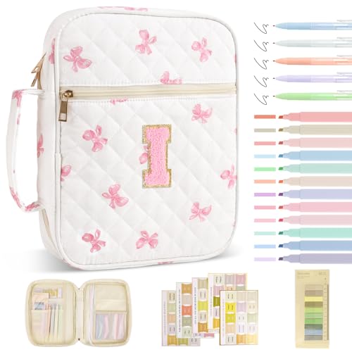 Personalized Initial Bible Cover Case for Women Girls Kid - Large Quilted Bible Case with Handle,Chenille Letter Bag Study Supplies,Christmas Gifts for Christians Birthday Graduation(Pink Bow-I) - color: Pink Bow, size: letter-I